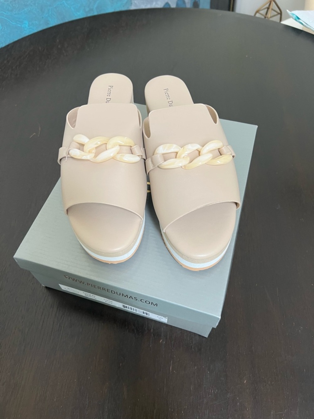 Pierre Dumas Neutral Beige Slide Mules with Ivory Chain Accent NIB